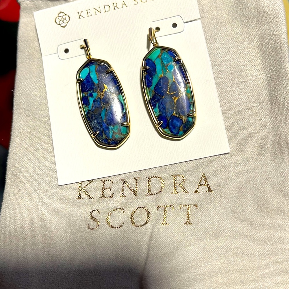 Kendra Scott Faceted Elle Earrings in Gold Bronze Veined Lapis Turquoise